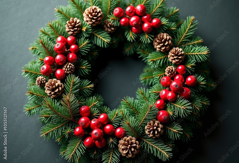 A Christmas wreath made of pine branches, red berries, and pine cones A Christmas wreath made of pine branches, red berries, and pine cones