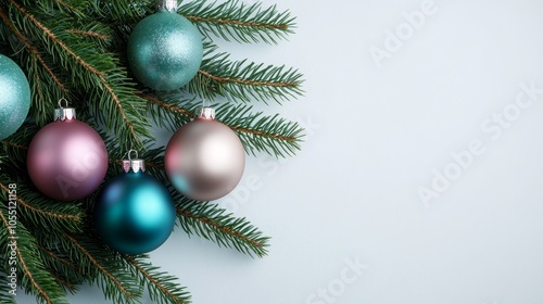 Close-up of a Christmas tree with colorful ornaments, isolated on white background, perfect for holiday product ads, clean and festive style