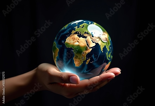 A clear glass globe showing the continents of the world on a black background, held in a hand photo