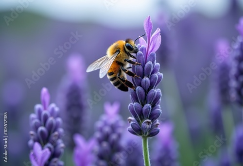 Fototapeta Naklejka Na Ścianę i Meble -  A close-up of a bee pollinating purple lavender flowers in a field
