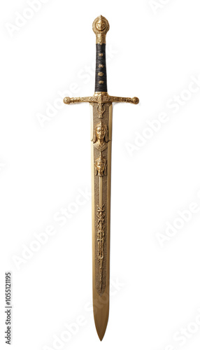 A gold sword with a black handle on a white background.isolated on transparent or white background
