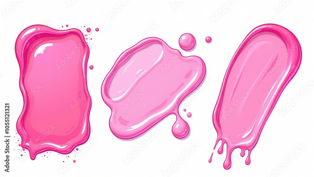 Set of different strokes and drops of translucent pink gel on white background Set of different strokes and drops of translucent pink gel on white background