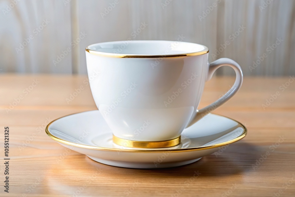 White porcelain cup with gold rim and saucer reflecting on table White porcelain cup with gold rim and saucer reflecting on table