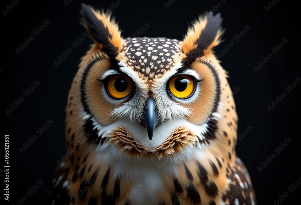 A close-up portrait of a brown and white spotted owl with intense yellow eyes and a sharp beak, against a dark background A close-up portrait of a brown and white spotted owl with intense yellow eyes and a sharp beak, against a dark background