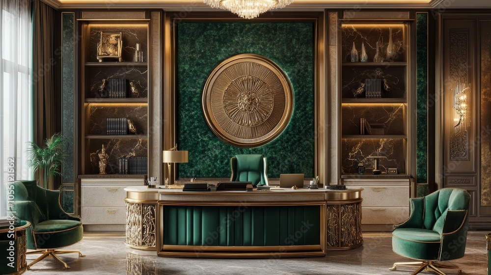 A luxurious office interior with a large desk, two armchairs, and a large circular wall decoration. A luxurious office interior with a large desk, two armchairs, and a large circular wall decoration.