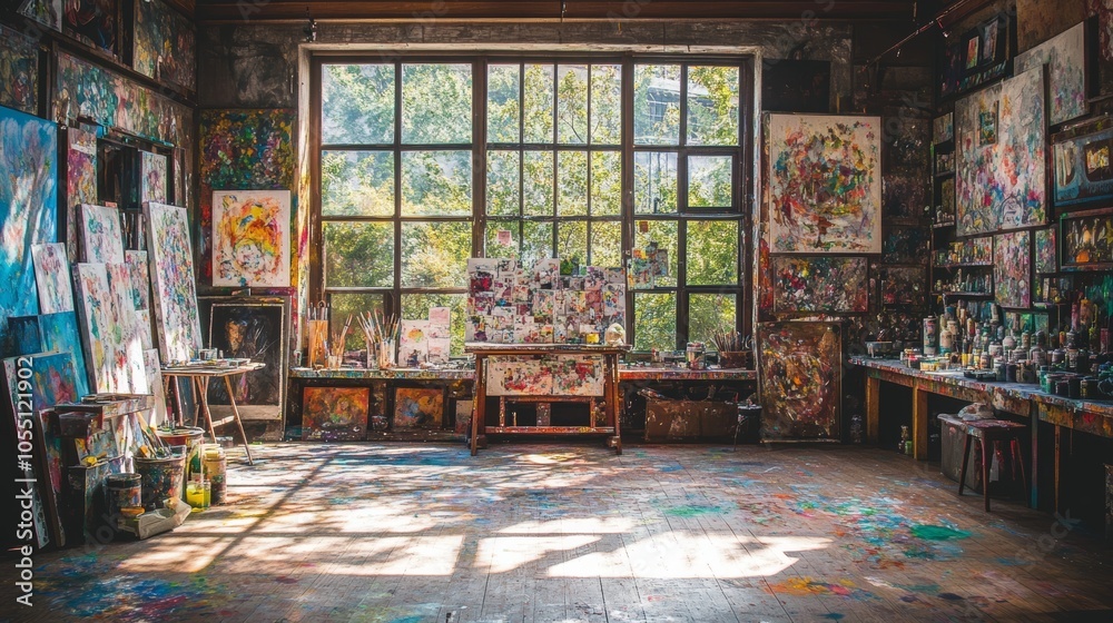 © hamzahalderad - A messy art studio with paintings, canvases, and paint splattered floors. Sunlight streams through a large window.