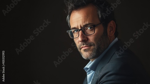 Focused Jewish Male Data Scientist in Charcoal Suit: Analyzing Digital Dashboard in Tech Startup with Cool LED Lighting – Photorealistic Close-up Portrait. 