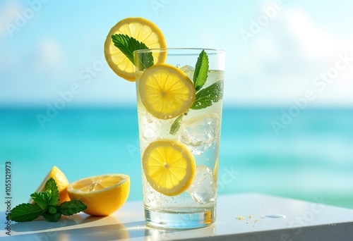 A glass of iced lemonade with slices of fresh lemon and mint leaves, with water droplets on the glass against a light blue background