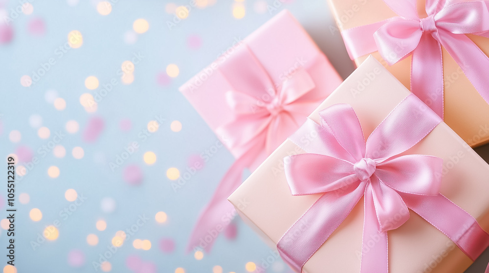 Three charming gift boxes in soft hues adorned with pink ribbons sit amidst a gentle shower of sparkling confetti Three charming gift boxes in soft hues adorned with pink ribbons sit amidst a gentle shower of sparkling confetti
