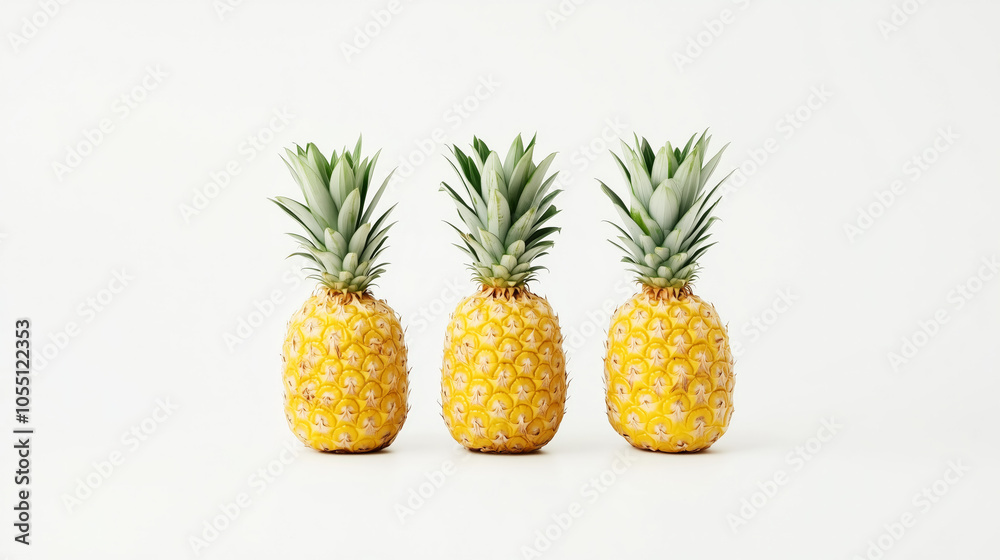 A trio of fresh pineapples isolated on a white background, highlighting their vibrant colors and distinct textures, fruit freshness banner