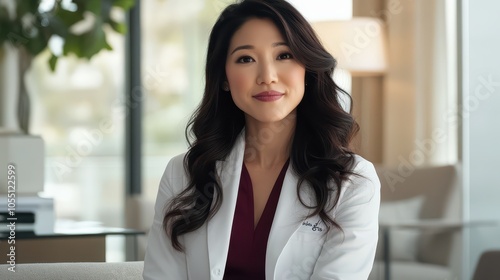 Warm Taiwanese Nutritionist in a White Coat: Consulting Client in a Wellness Clinic, Captured in Natural Light, Photorealistic 8K Commercial Portrait.