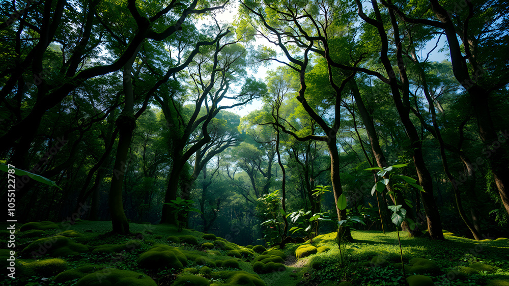 Naklejka premium A lush green forest with a lot of trees and a lot of moss