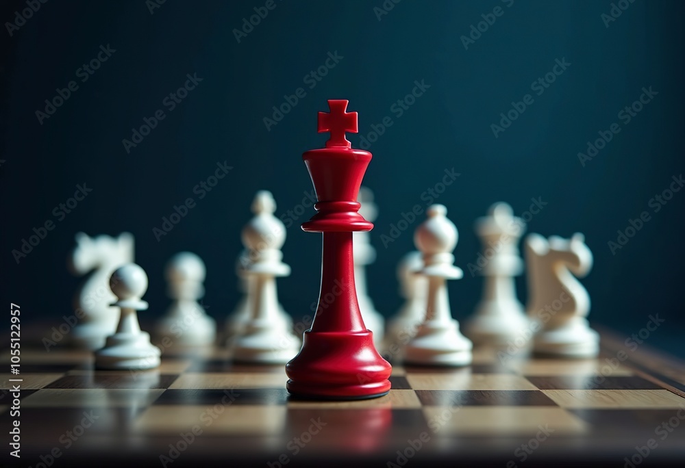 A red chess king piece standing on a chessboard, with other white chess pieces in the background A red chess king piece standing on a chessboard, with other white chess pieces in the background
