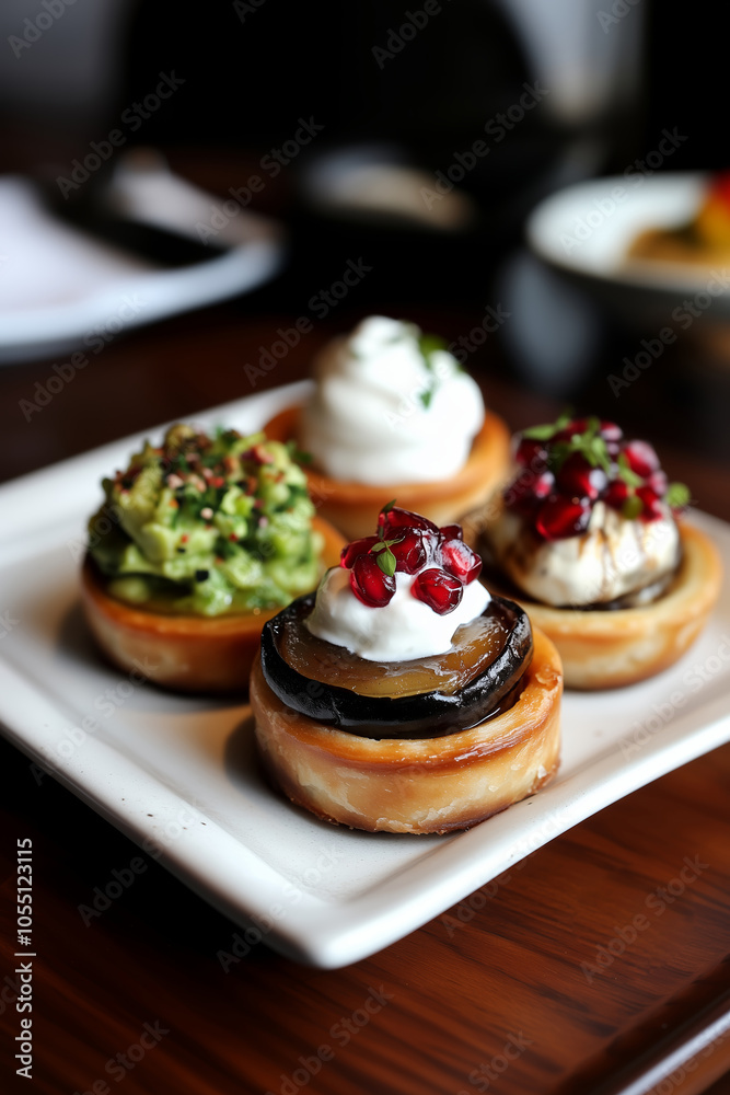 Delicious gourmet appetizers on a plate at a trendy restaurant highlighting various toppings and vibrant colors Delicious gourmet appetizers on a plate at a trendy restaurant highlighting various toppings and vibrant colors