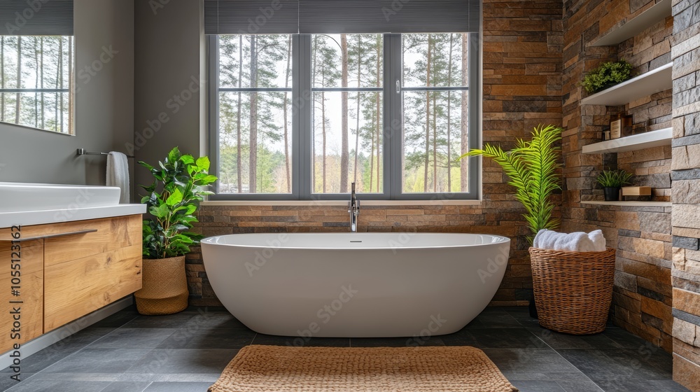 A modern bathroom with a freestanding bathtub, a large window, and a stone wall. A modern bathroom with a freestanding bathtub, a large window, and a stone wall.