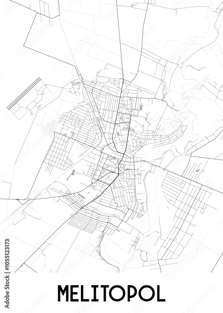 Fototapeta premium Map of Melitopol, a city in Ukraine. The map depicts a network of streets and roads, outlining the city's urban layout. A river winds through the city, adding a natural element to the urban landscape