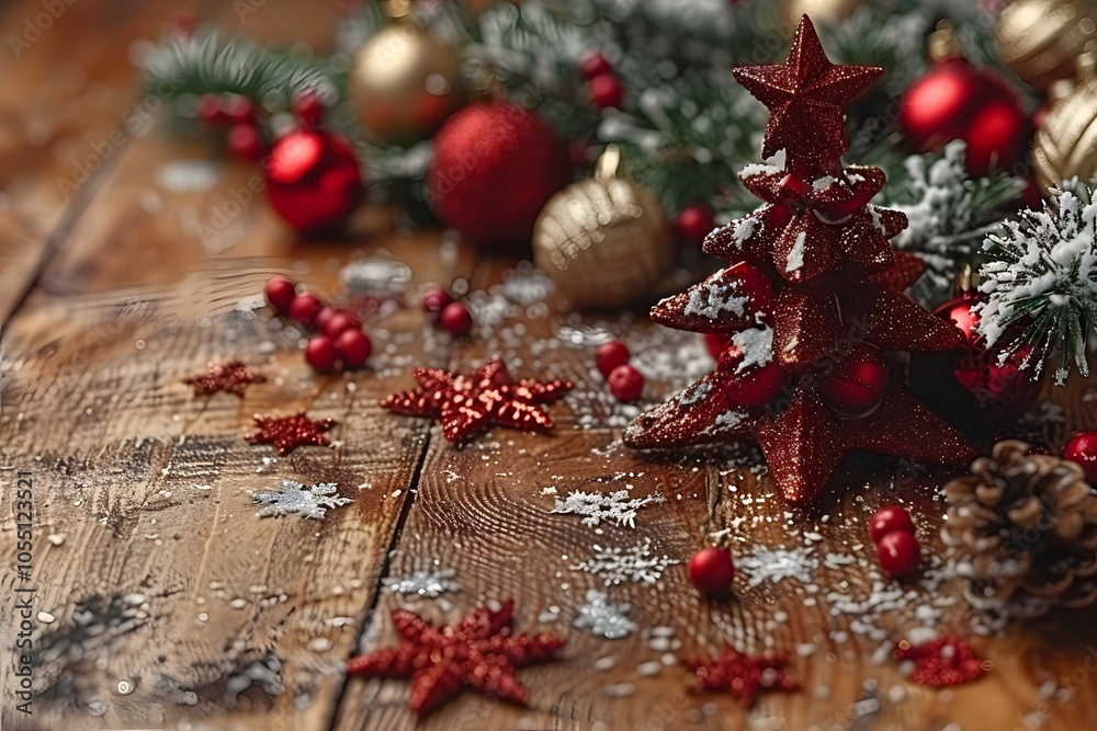 Festive Christmas Decorations on Rustic Wood with Red and Gold Accents for Holiday Design Festive Christmas Decorations on Rustic Wood with Red and Gold Accents for Holiday Design