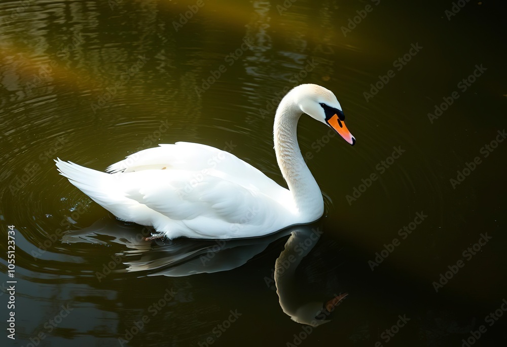 A white swan swimming in a pond with a green and brown background A white swan swimming in a pond with a green and brown background