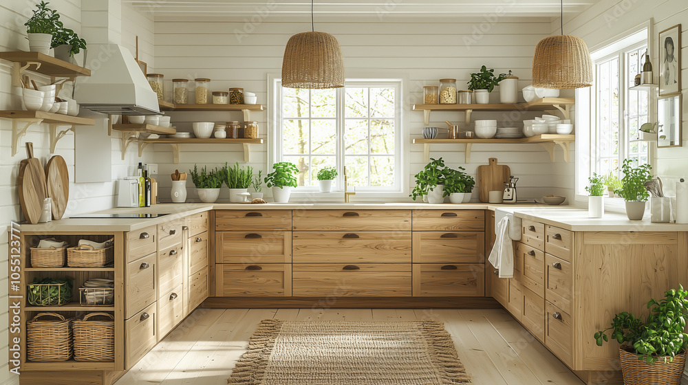 Scandinavian-style kitchen with light wood cabinets and linen accents Scandinavian-style kitchen with light wood cabinets and linen accents