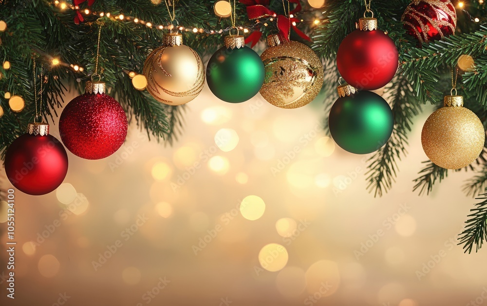 Christmas Ornaments Background: Close-up of red, green, and gold ornaments hanging on a decorated tree with twinkling lights, blurred lower area for adding text, celebrating Christmas and New Year 