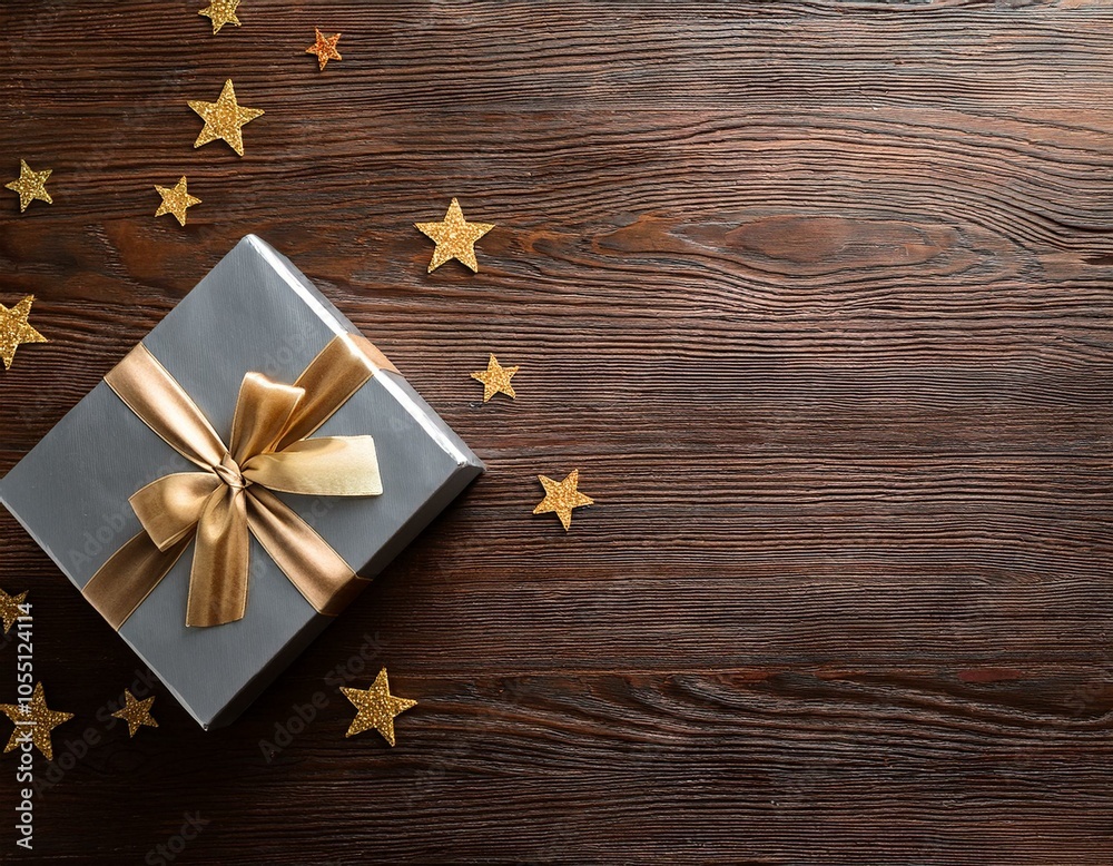 Top view of gray silver with small golden stars gift box on wooden table with copy space Top view of gray silver with small golden stars gift box on wooden table with copy space