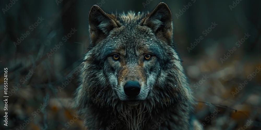 A close-up portrait of a wolf with piercing eyes, set in a dark, forested background. 