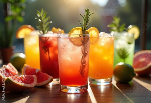 Assorted colorful cocktails with various fruits and herbs, including lemon, lime, grapefruit, and rosemary