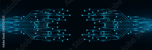 Glowing computer circuit board with electronics details. Futuristic AI background with hi-tech panel. Modern technology cover design. Vector illustration. EPS 10