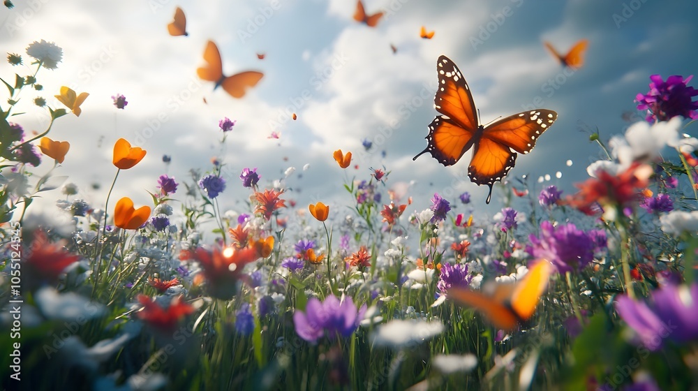 Stunning digital 3D rendered landscape of a serene meadow filled with vibrant blooming flowers and delicate butterflies gracefully floating and soaring through the air Stunning digital 3D rendered landscape of a serene meadow filled with vibrant blooming flowers and delicate butterflies gracefully floating and soaring through the air