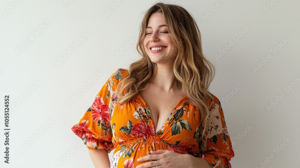 Happy Pregnant Woman in Floral Dress Smiling Happy Pregnant Woman in Floral Dress Smiling