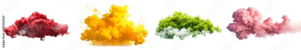 Collection of yellow, green, pink, red smokes or clouds isolated on white or transparent background