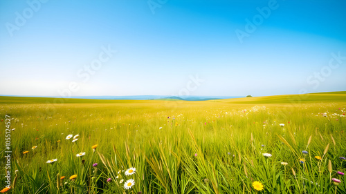 A field of grass with a blue sky in the background
