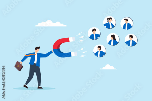 Flat illustration of businessman use magnet attract customer brand engagement social positive feedback share loyalty and trust