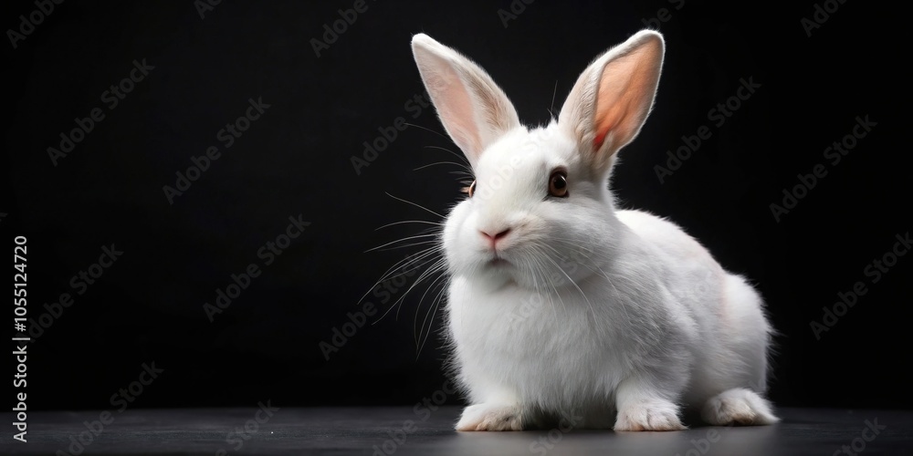 Fototapeta premium White rabbit posing in front of a black background at a tilted angle