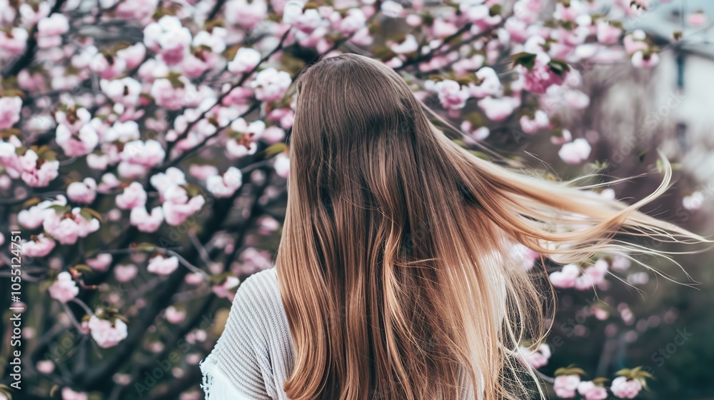 Naklejka premium Beautiful young woman with long curly blonde hair from behind holding blooming branch of sakura tree