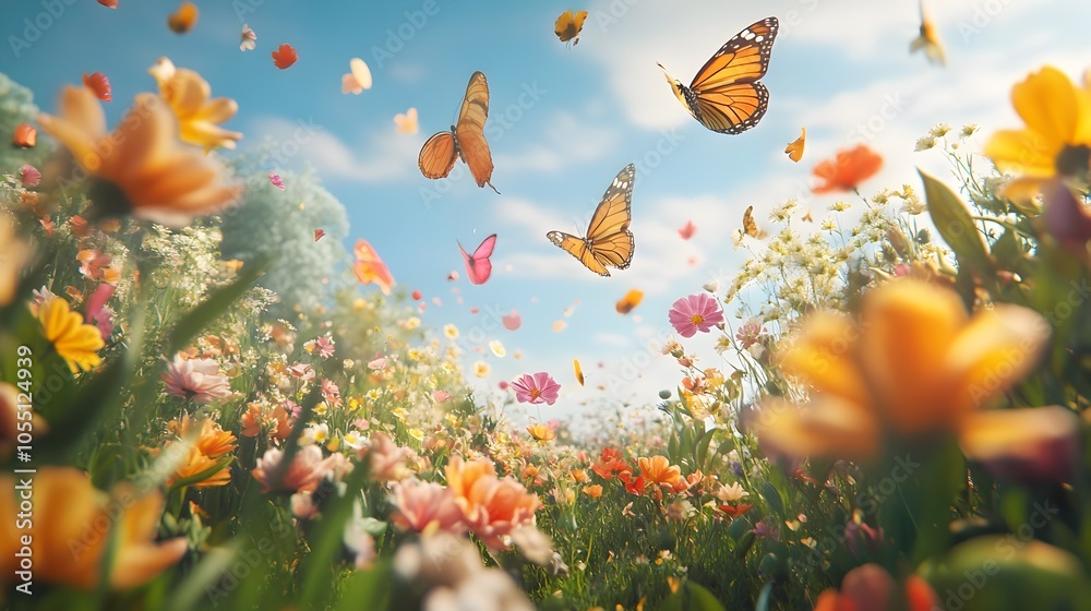 A breathtaking 3D rendered scene of a lush vibrant meadow filled with an array of colorful flowers delicate petals floating in the air and a swarm of butterflies mid flight A breathtaking 3D rendered scene of a lush vibrant meadow filled with an array of colorful flowers delicate petals floating in the air and a swarm of butterflies mid flight