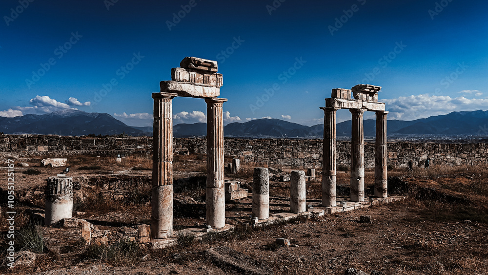 Fototapeta premium Ancient ruins of Turkey, Denizli Hierapolis Archeological Excavation Site