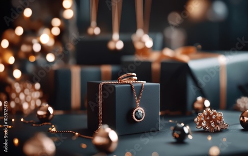 Jewelry Store Holiday: Background with jewelry pieces like rings and necklaces in holiday packaging, leaving an area for text; tailored for jewelers or luxury brands  photo