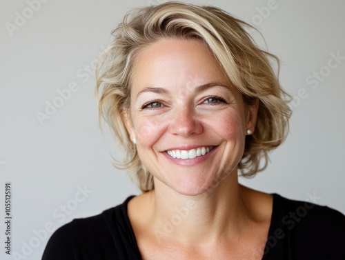 Joyful Woman with Blonde Hair and Light Skin Smiling