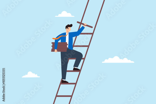 Flat illustration of businessman build ladder of success climb up step to overcome challenge achieve career growth improve opportunity job path