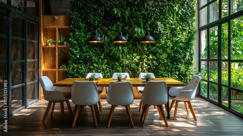 A modern dining room with a green wall, wooden table and white chairs.