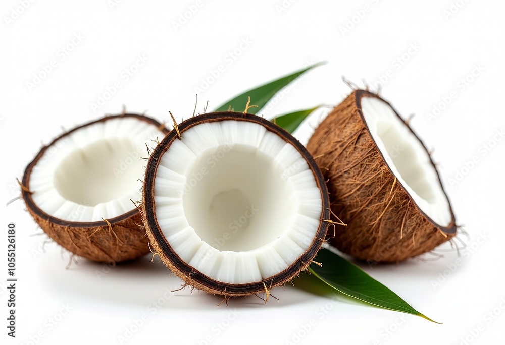 Whole and halved coconuts on a white background Whole and halved coconuts on a white background