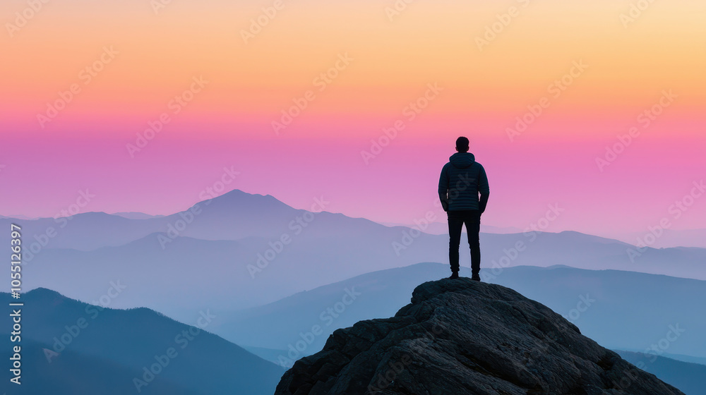 person standing on mountaintop at dawn, surrounded by vibrant colors and misty mountains, evoking sense of adventure and tranquility