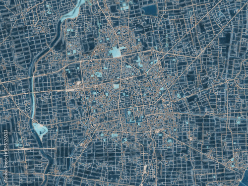 Painterly Style City Map of Saga, Japan in a Blue Color Scheme.