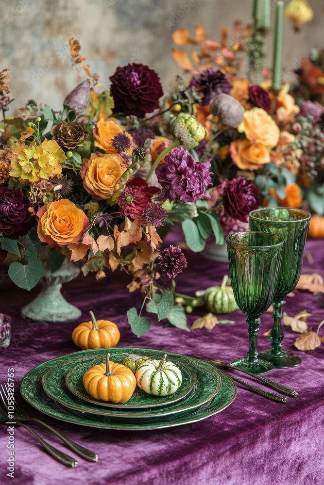 Elegant autumn table setting with pumpkins and vibrant florals Elegant autumn table setting with pumpkins and vibrant florals