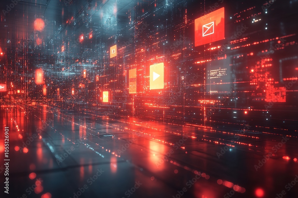 Futuristic digital network of glowing red icons on a dark background. Futuristic digital network of glowing red icons on a dark background.
