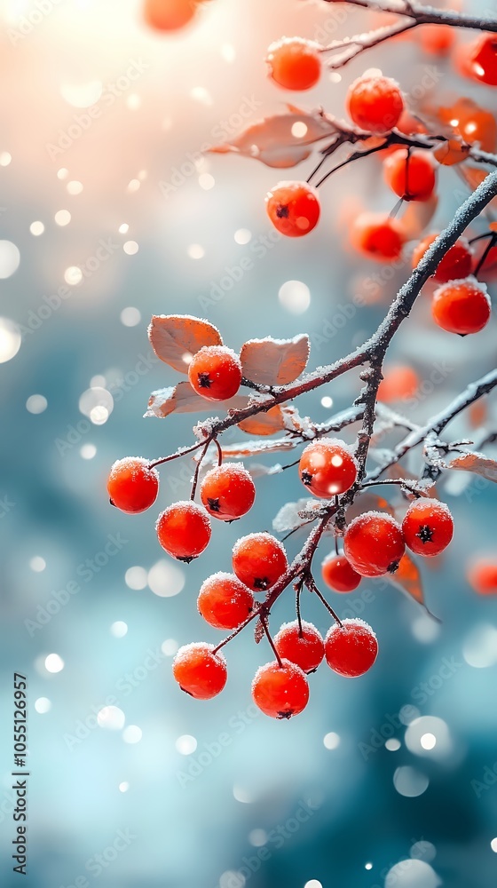 A string of frosted berries hung from a branch. A string of frosted berries hung from a branch.