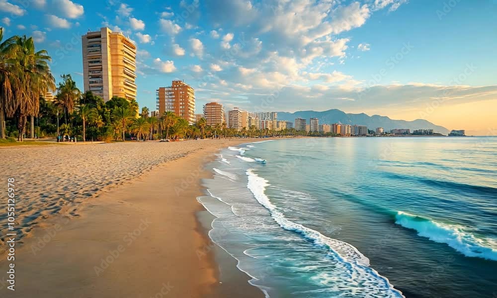 Scenic beach view with buildings and mountains in background. Scenic beach view with buildings and mountains in background.