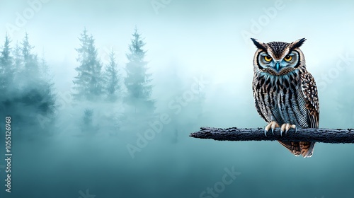 Owl on a branch, forest silhouettes, misty green and blue hues, mysterious fog, hand-drawn illustration, fantasy style, horizontal bookmark format photo