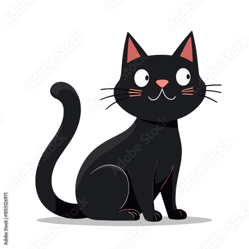 Black Cartoon Cat Sitting with Charming Expression